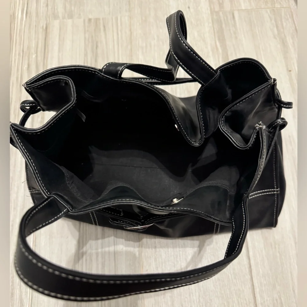 Black Top Handle Bag with White Stitching